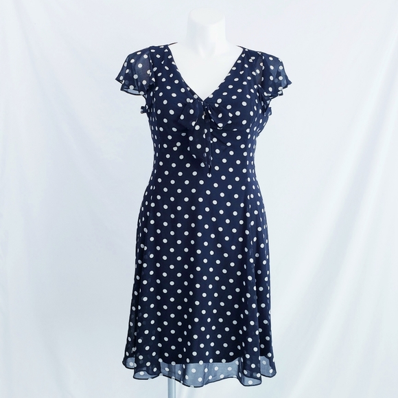 Dkny Dresses & Skirts - *Last Chance* NWT DKNY Polka Dot Dress Navy Cream V Neck Sheer Flutter Sleeves